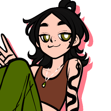 icon of a smiling person with black hair in a bun, a brown crop top, green pants, and a snake tattoo