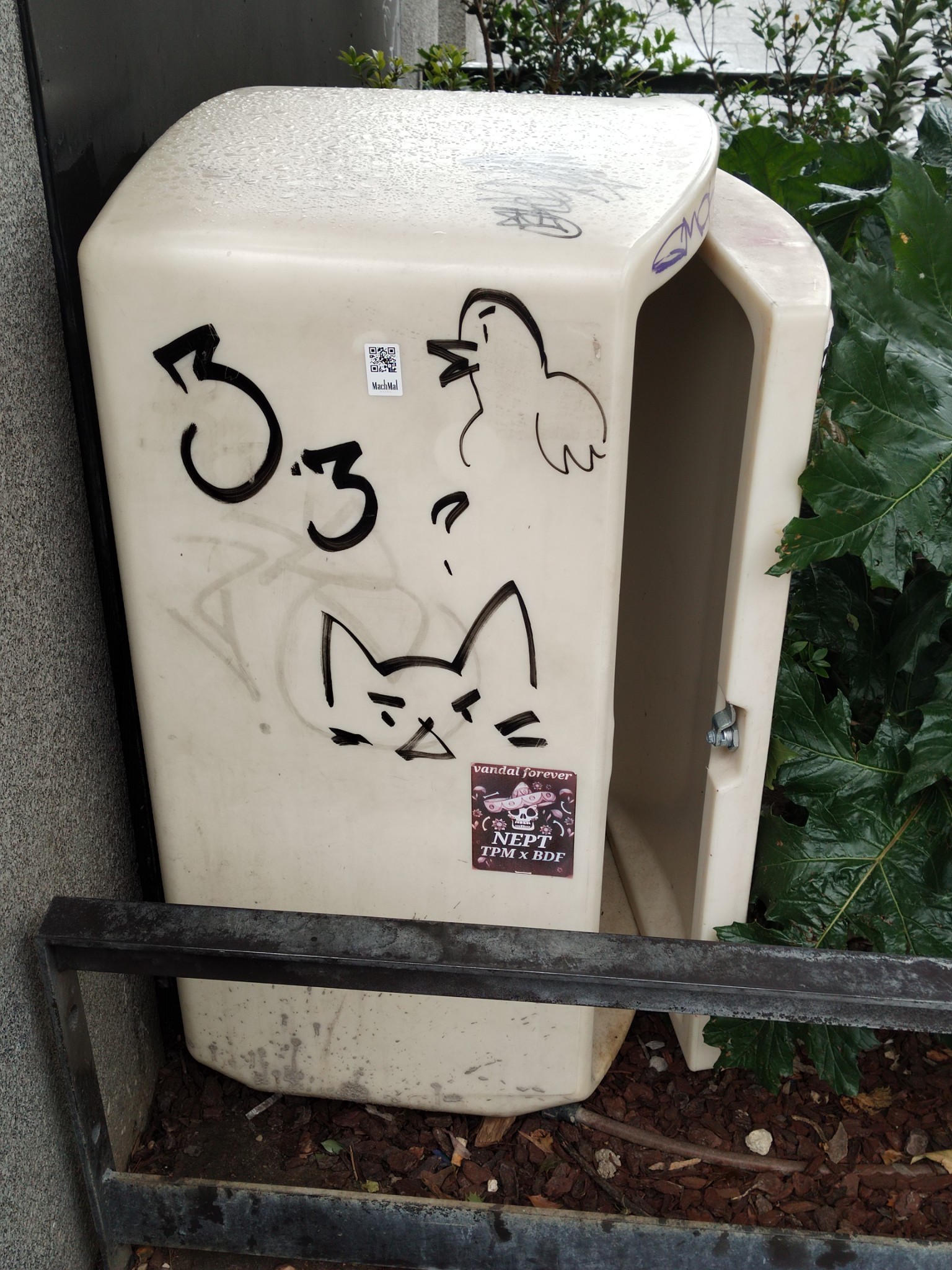 Small drawings of an angry cat and bird on an outdoor box